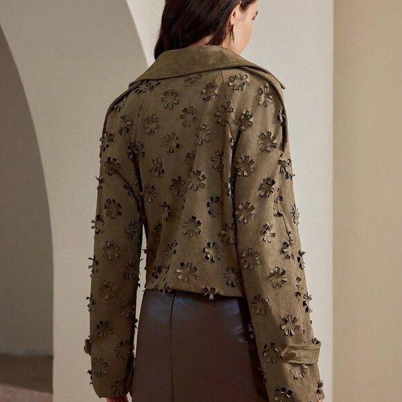 Khaki Casual Women's Collar 3d Laser Floral Embossed Jacket Coat - Picture 3 of 8